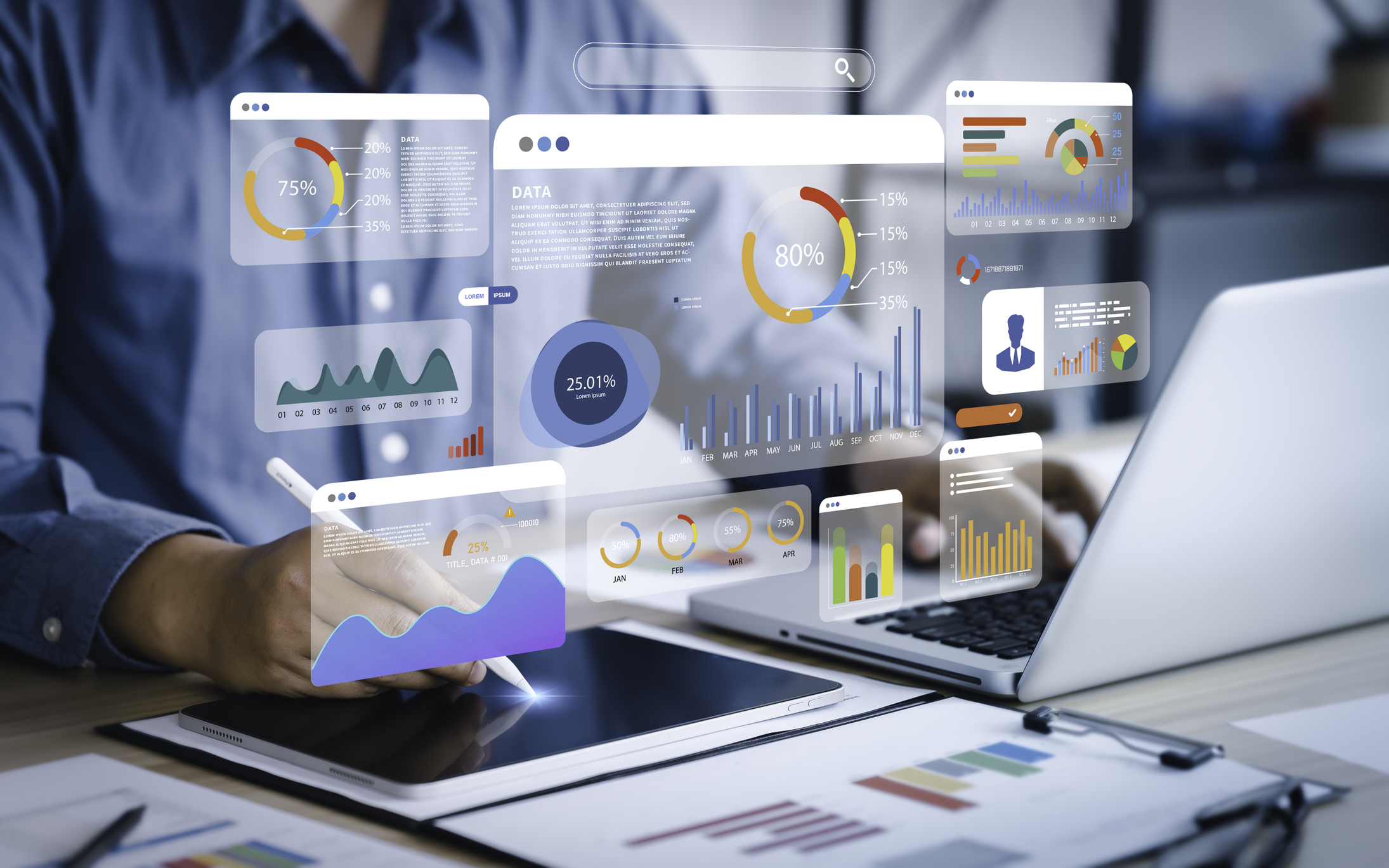 Home an analyst uses a computer and dashboard for data business analysis and data management system with kpi and metrics connected to the database for technology finance, operations, sales, marketing